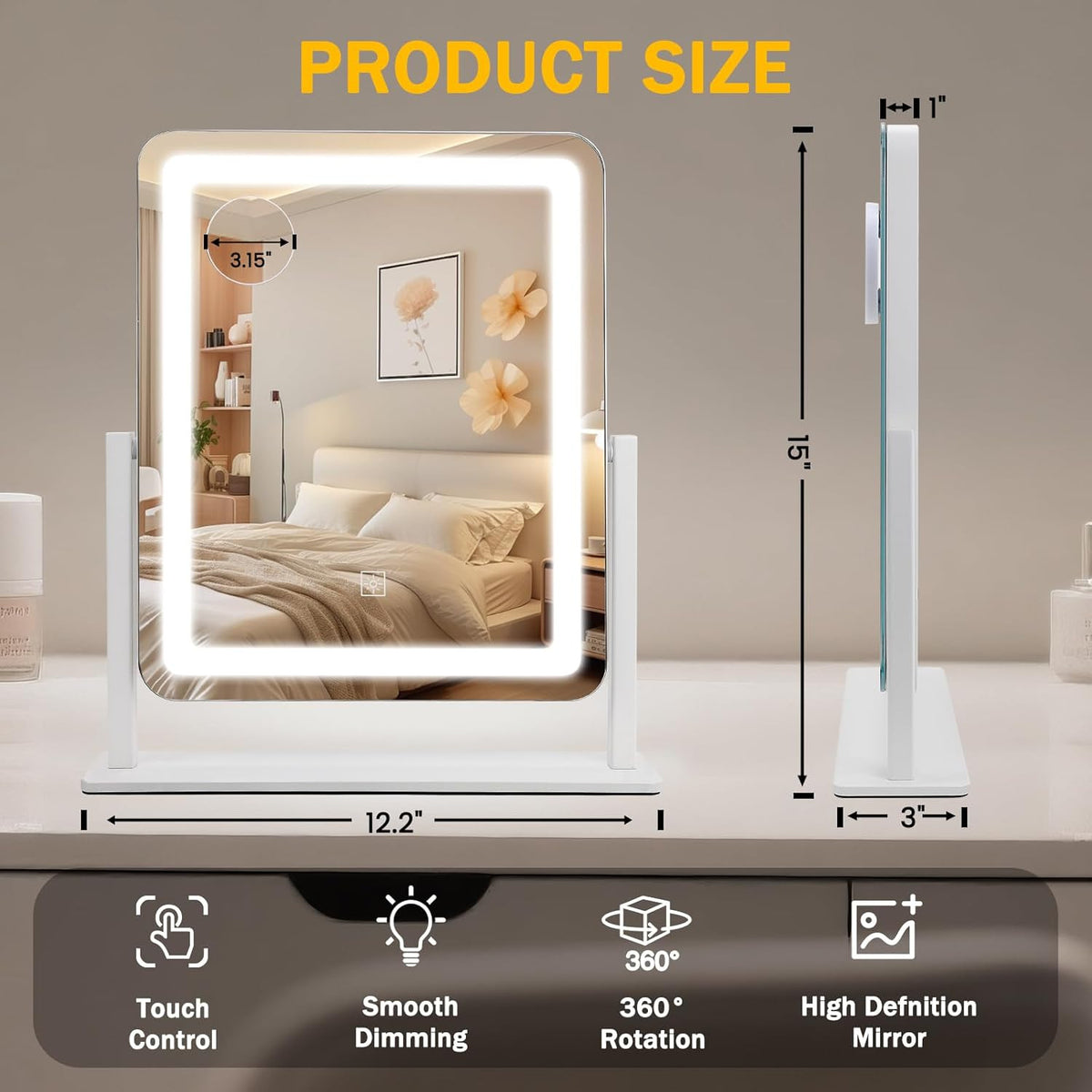 Large LED Makeup Mirror with Lights, 15x12.2 Inch Dimmable Vanity Mirror with 3 Color Modes & 360° Rotation