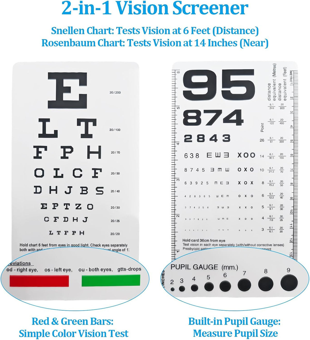 Pocket Eye Chart Dual-Sided Snellen Rosenbaum Vision Tester for Home & Office Use