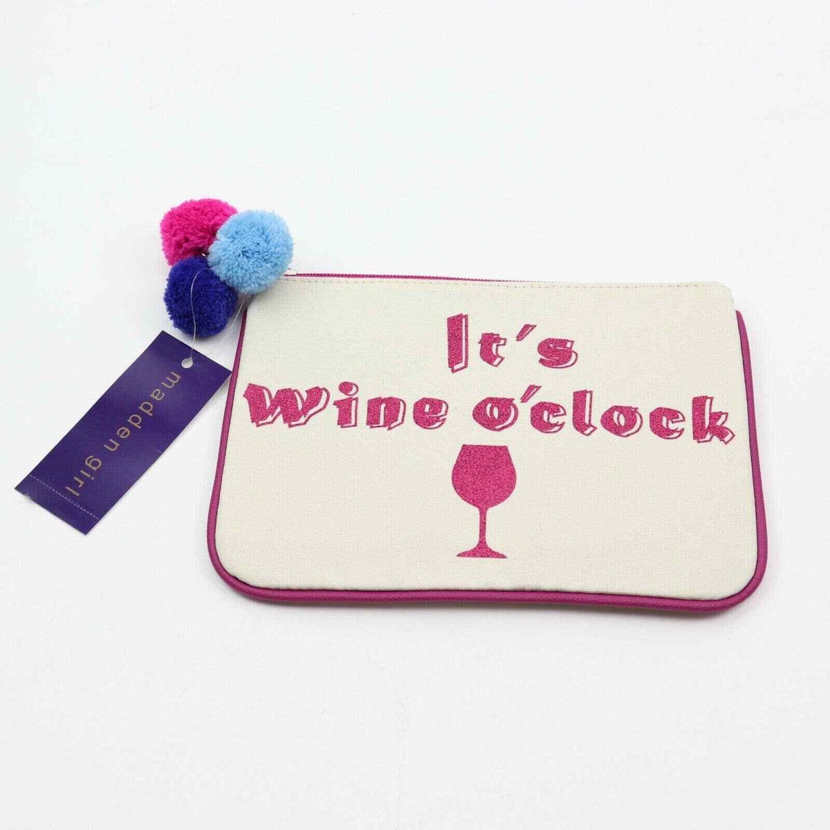 Small Cosmetic Pouch with Pink Glitter and Wine O'Clock Message - Steve Madden Girl