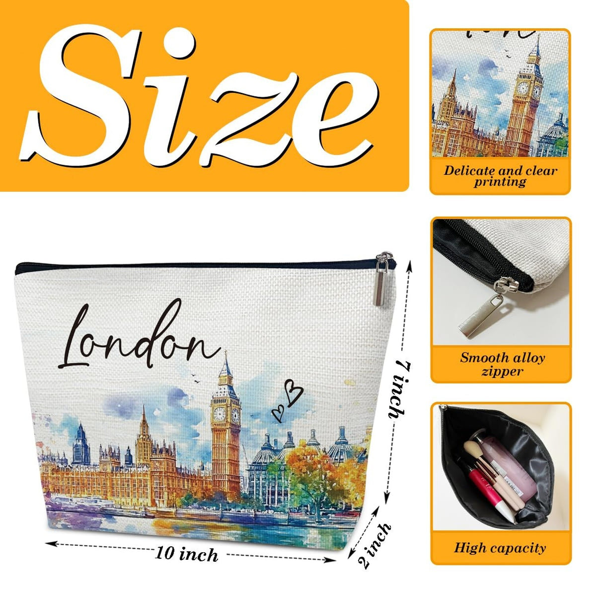 London Travel Makeup Bag with Watercolor City Scene – Large Cosmetic Organizer for Women