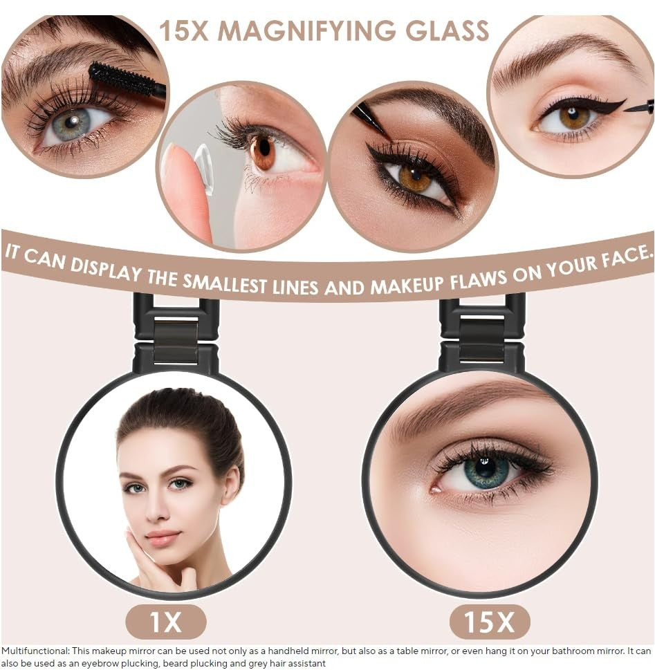 15X Handheld Travel Mirror with Adjustable Rotation Handle Double-Sided Magnifying