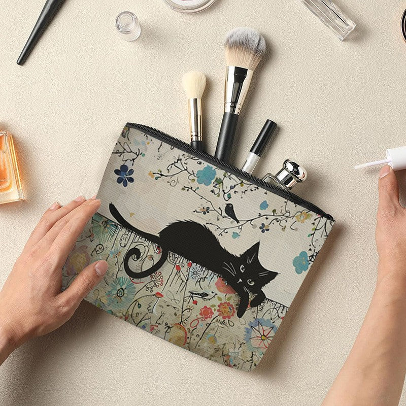 Black Cat Print Cosmetic Bag Travel Pouch for Women - Gift & Organizer