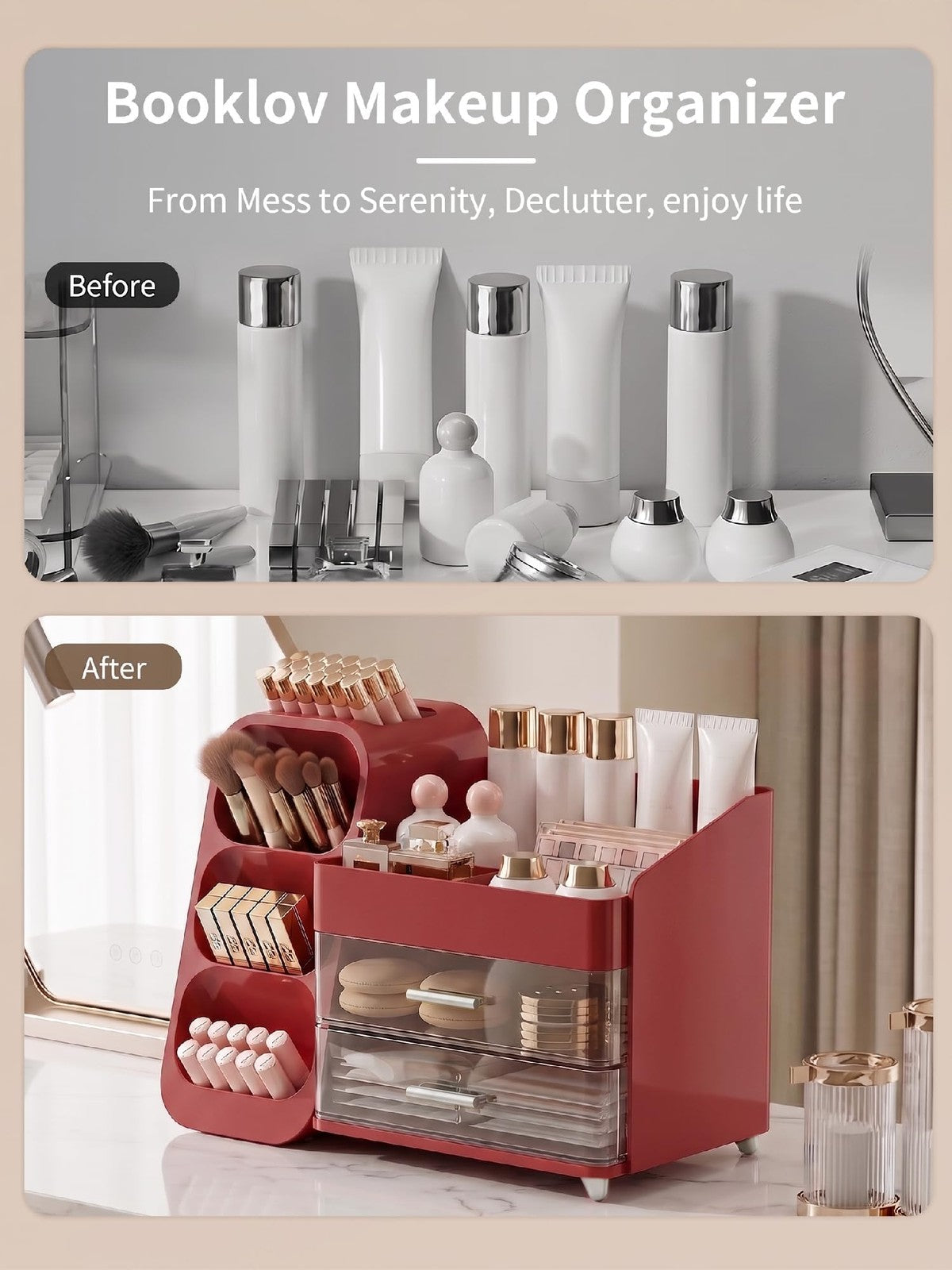 Red Makeup Organizer with Drawers, Large Capacity Vanity Storage Case