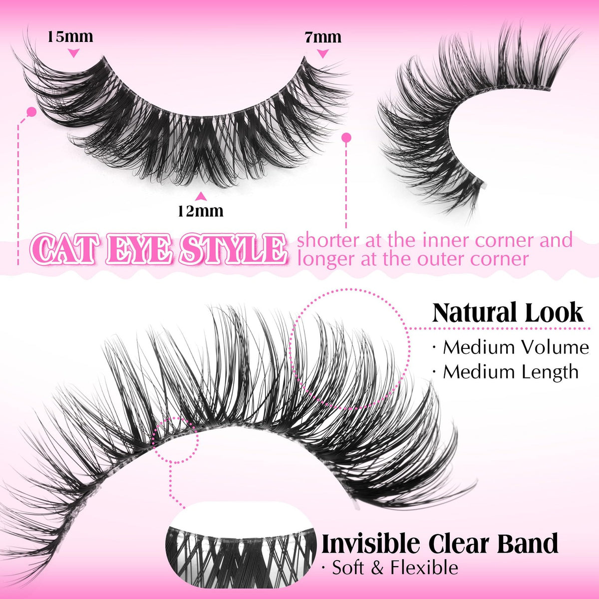 False Eyelashes Wispy Cat Eye Lashes 7 Pairs with Clear Band for Natural Look