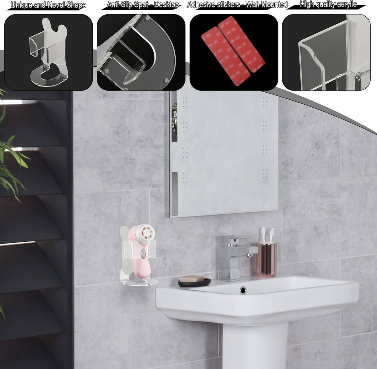 Acrylic Brush Holder for Clarisonic Mia 2 - Wall & Desktop Mountable Skin Care Organizer