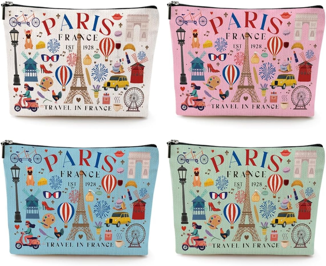 4 Pack Travel Makeup Bags for Women - Paris Lover Gift Set