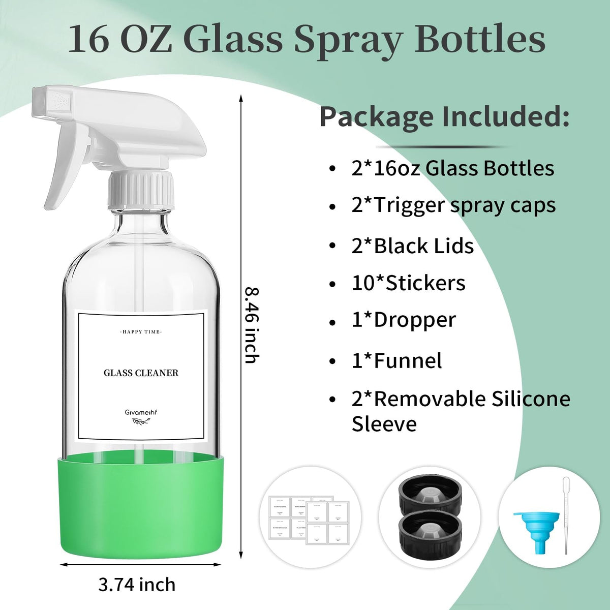 16 Oz Glass Spray Bottles Set with Silicone Sleeves & Adjustable Nozzle