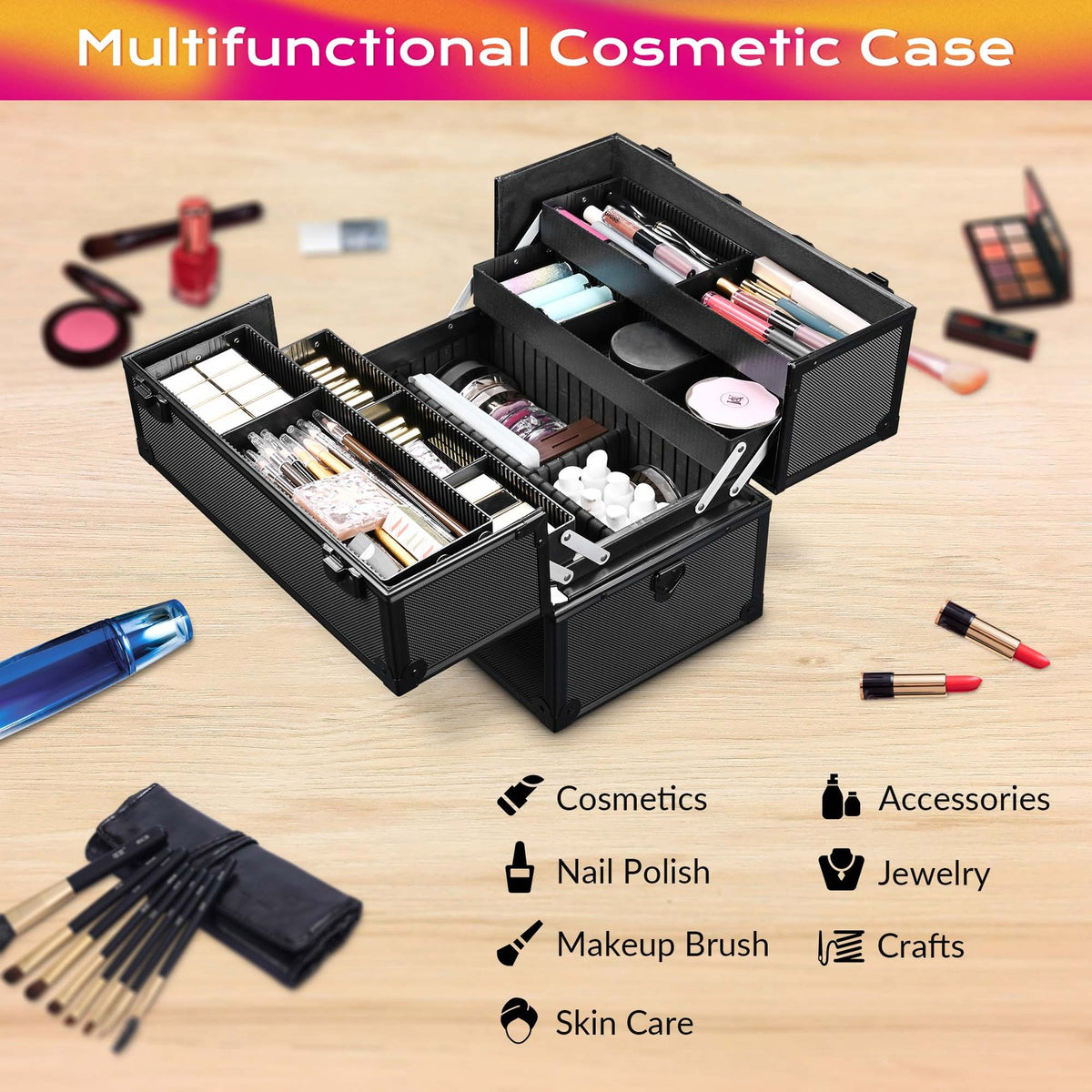 Large Aluminum Makeup Train Case with 4-Tier Trays and Lockable Storage