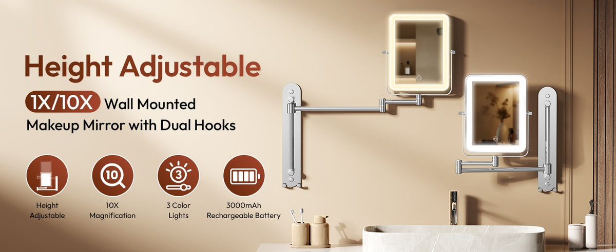 Height Adjustable Wall Mounted Lighted Makeup Mirror with 10X Magnification
