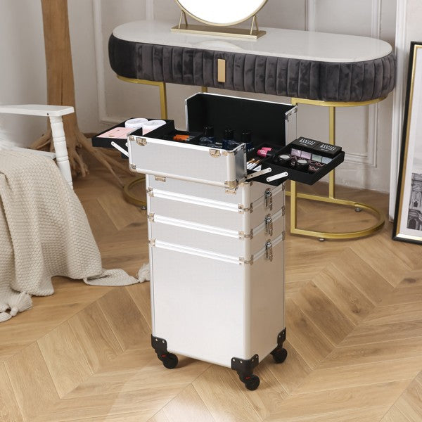 Aluminum Makeup Train Case with Wheels, Portable Cosmetic Organizer