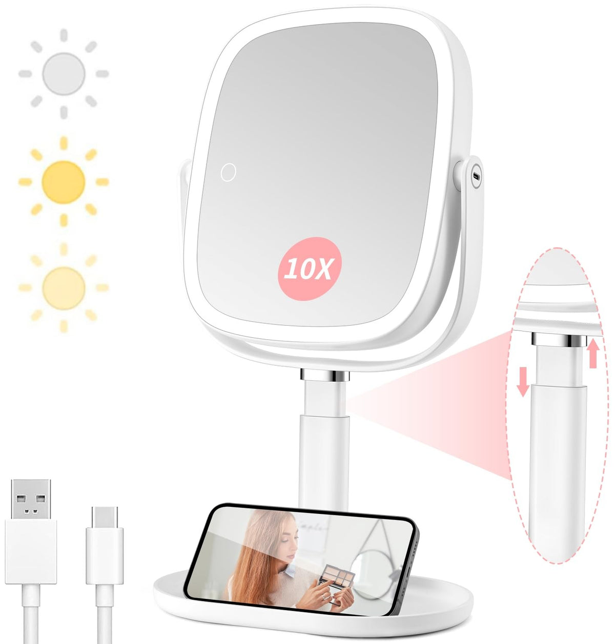 Height Adjustable Lighted Makeup Mirror with 10x Magnification