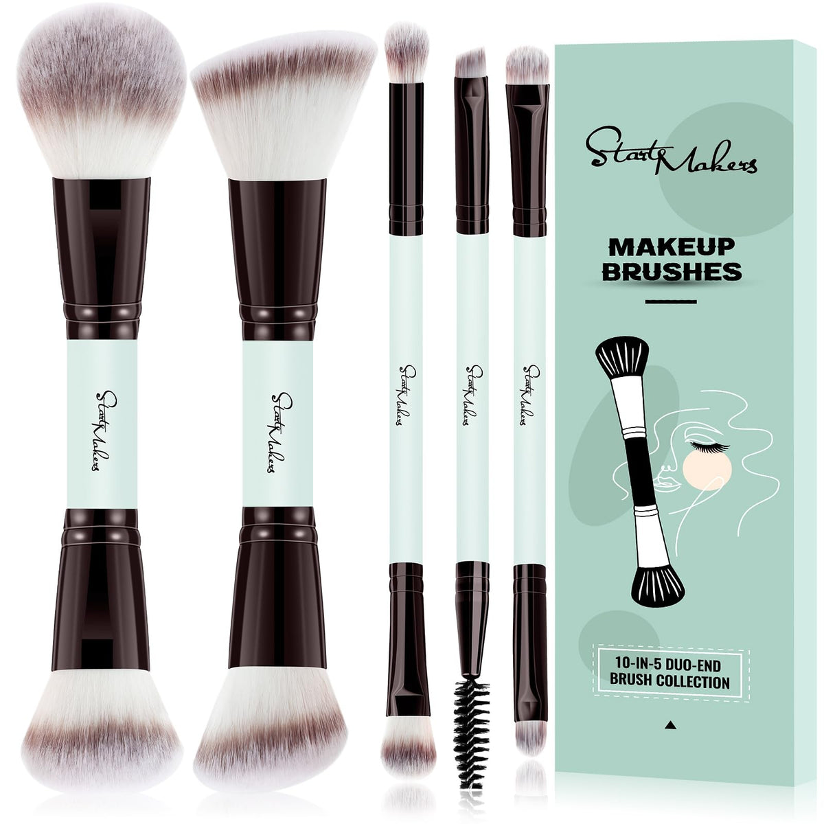 Dual-End Makeup Brush Set - 5 Pcs, Synthetic Bristles, Portable for Foundation, Eyeshadow, Blush