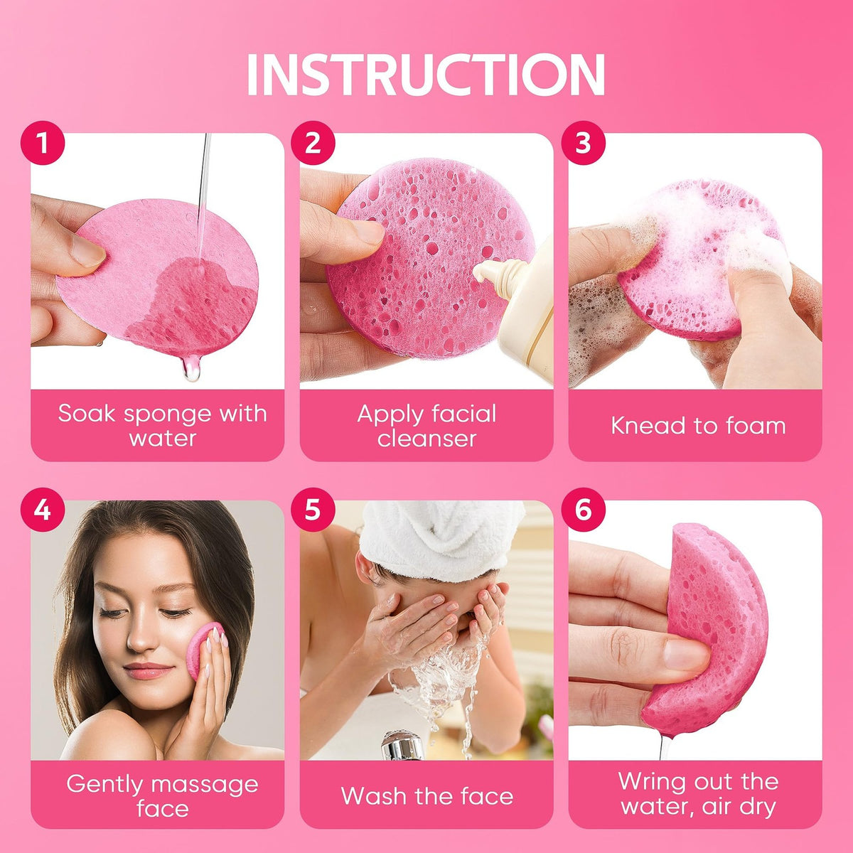 Compressed Facial Sponges - Natural Cellulose, Pink, Pack of 50