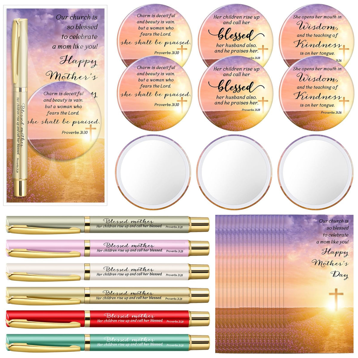 Christian Mother's Day Gift Set - 54 Bulk Church Gifts with Mirrors, Pens & Cards