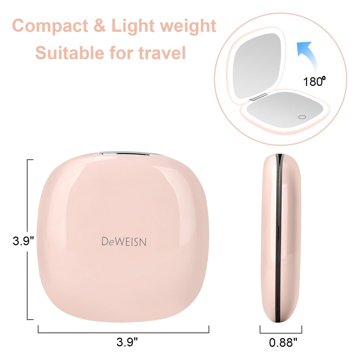 Lighted Travel Makeup Mirror with 1X/10X Magnification, Dimmable Double-Sided Pink