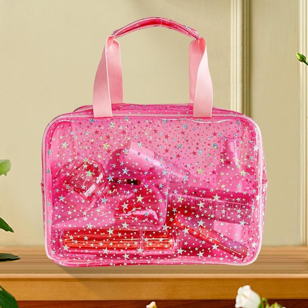 Large Pink Star Travel Cosmetic Bag with Handle, Waterproof Makeup Pouch