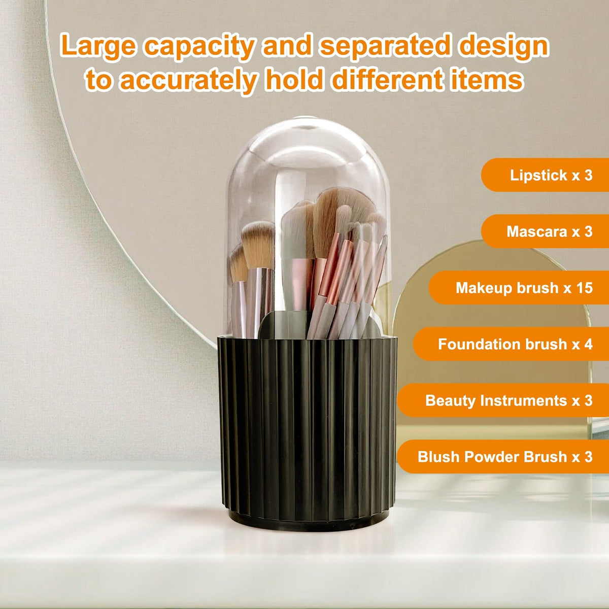 Rotating Makeup Brush Holder Organizer with Dustproof Lid 5 Slots