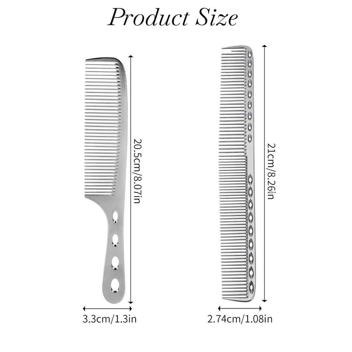 Metal Hair Comb Set - 2 Pcs Aluminum Styling Combs for Haircut and Styling, 8 Inches, Silver