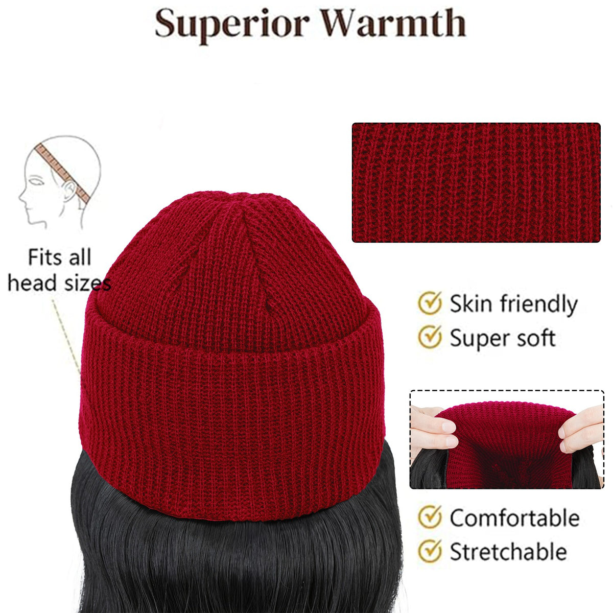 Winter Beanie Hat with Attached Hair Water Wave Style - Multiple Colors