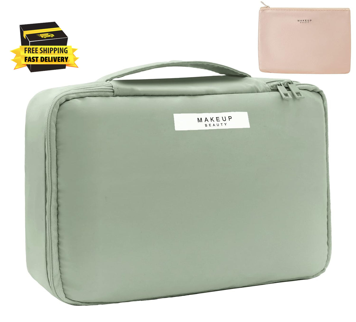 Travel Makeup Bag with Detachable Cosmetic Pouch Waterproof Organizer for Women & Men - Green