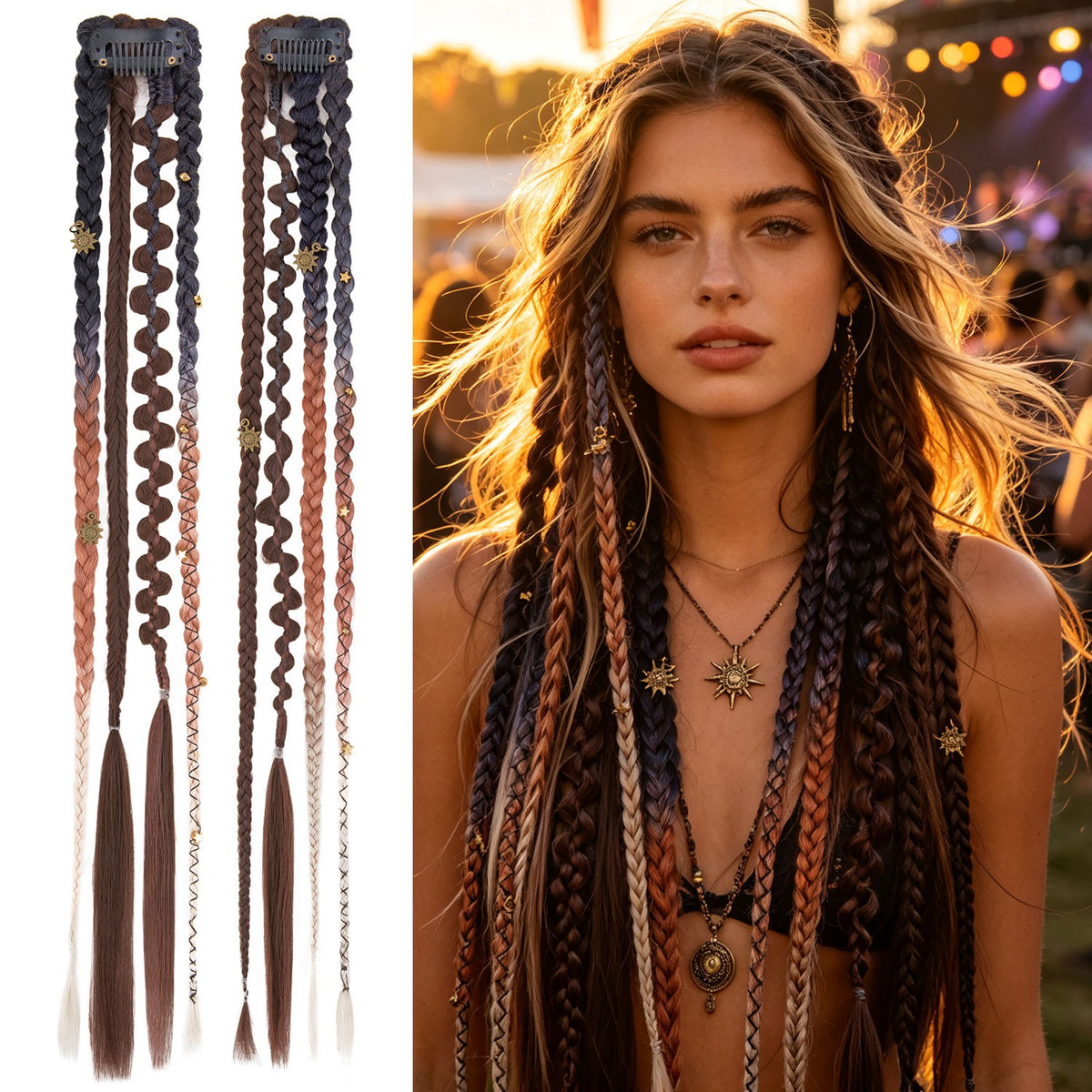 Boho Clip-In Dreadlocks Hair Extensions with Beads & Charms - Festival Style