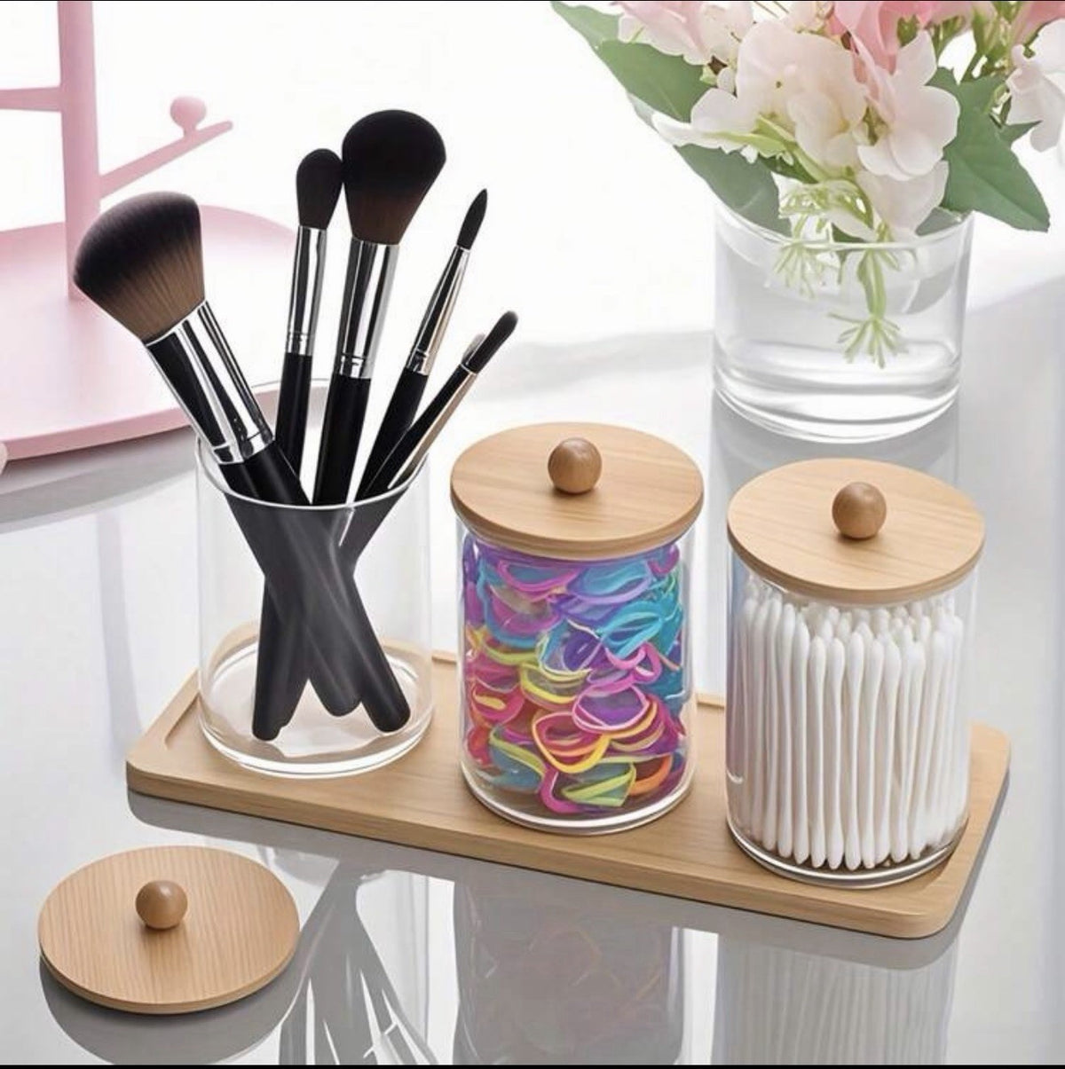 Decorative 3-Piece Makeup & Q-Tip Storage Set