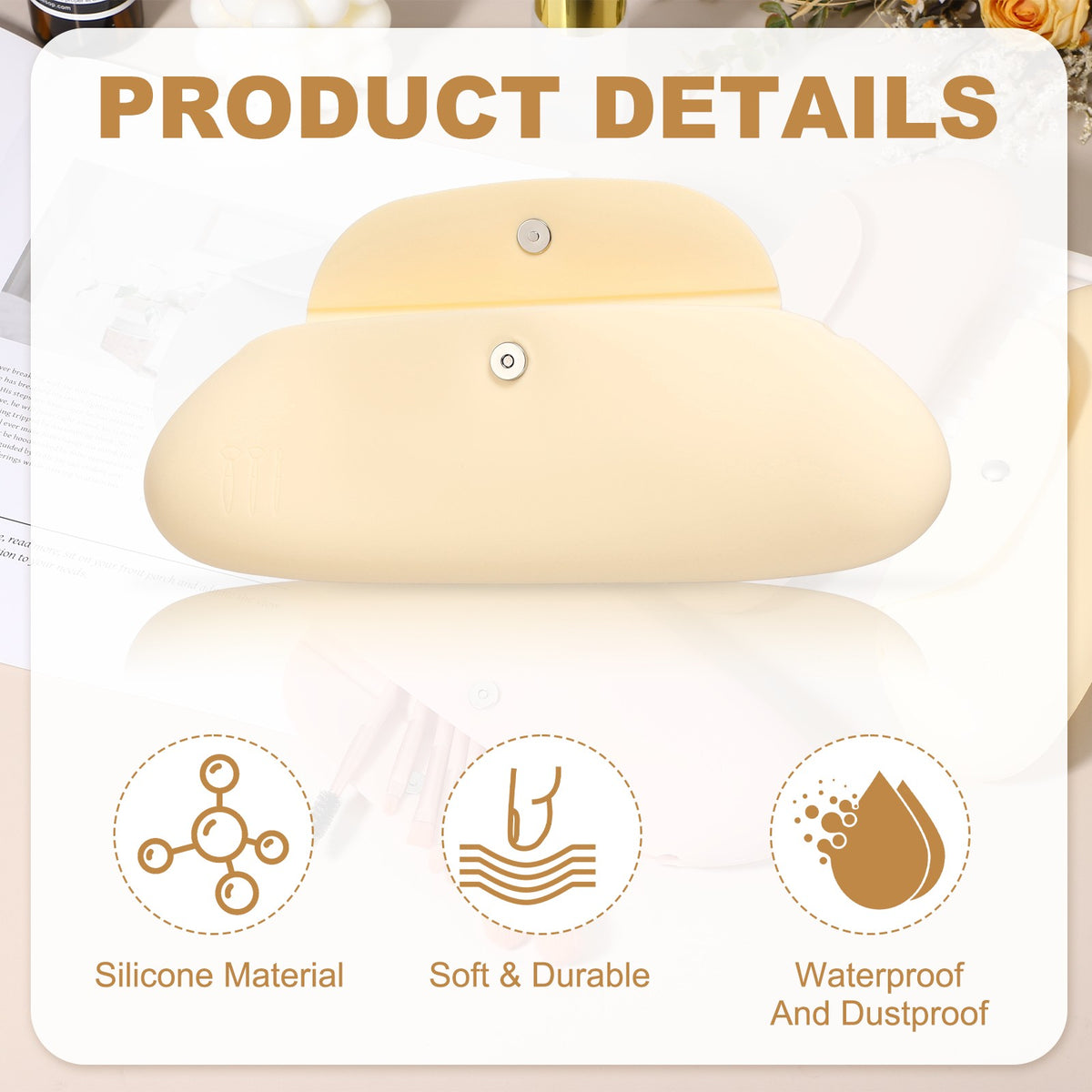 Silicone Makeup Brush Holder Travel Cosmetic Bag with Magnetic Closure - Yellow