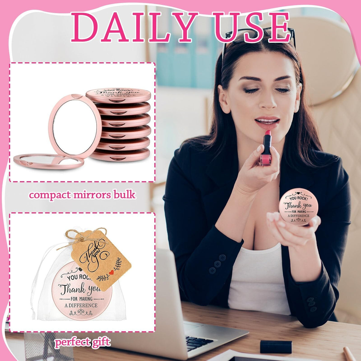 Inspirational Compact Mirror Set with Thank You Cards - Rose Gold Gift for Women