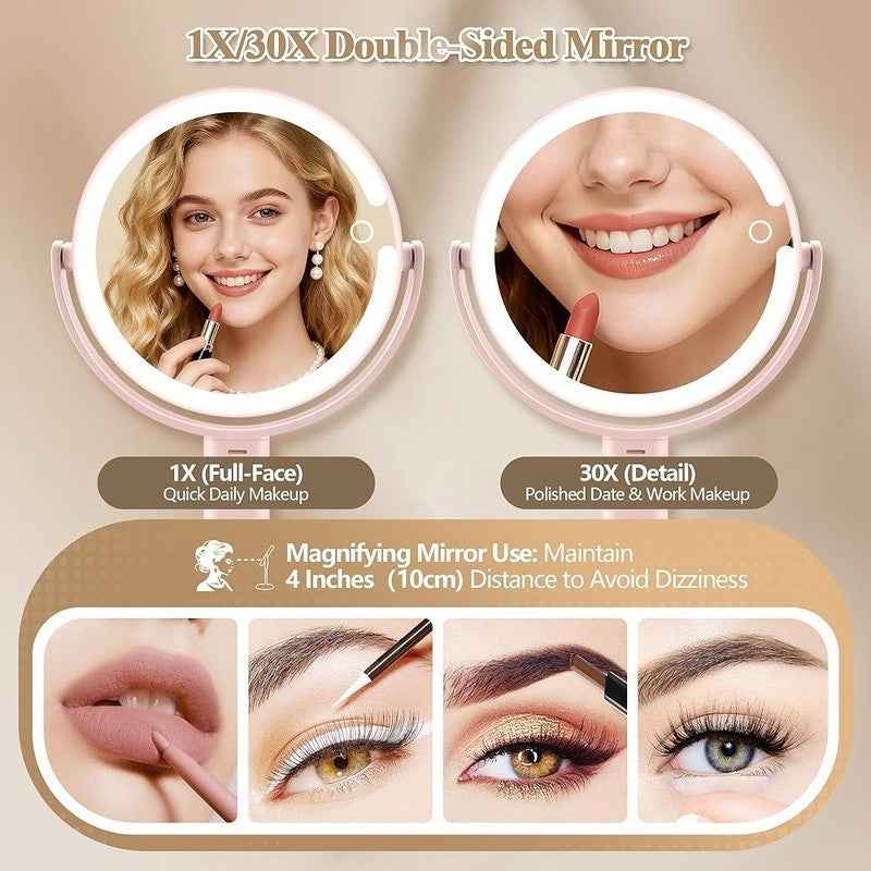 Lighted Makeup Mirror with 30X Magnification and Adjustable Brightness - 360° Rotation