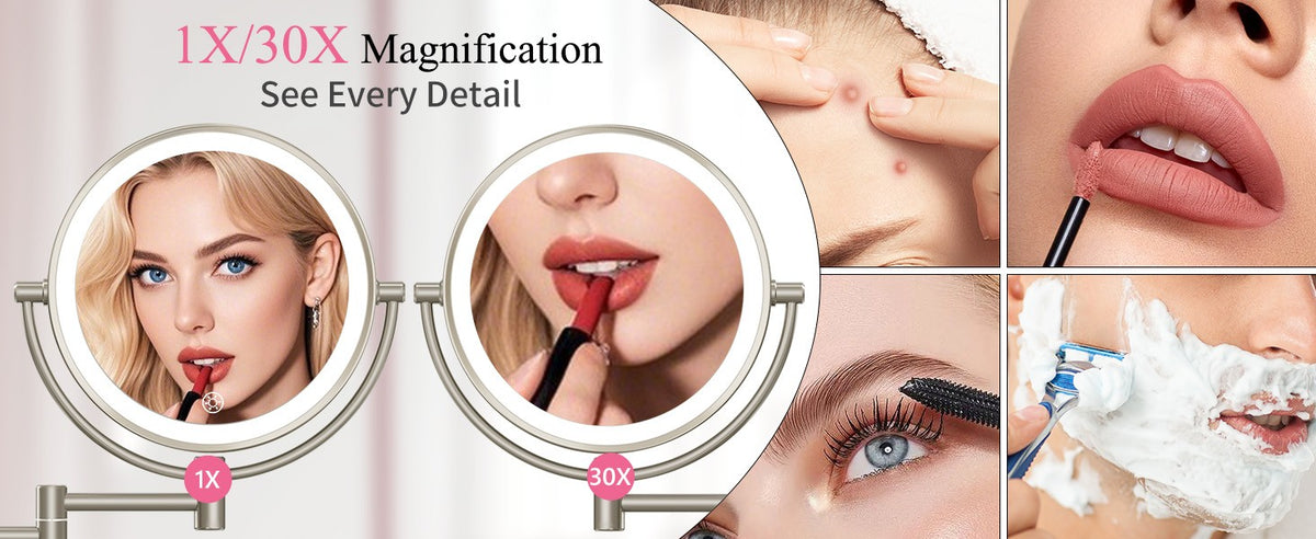 Wall Mounted Lighted Makeup Mirror with 30X Magnification, Adjustable Brightness