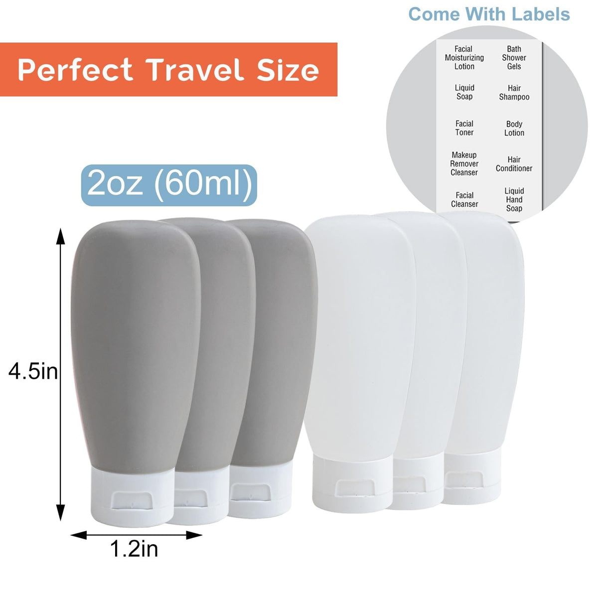 Leakproof TSA Travel Bottles Set - 6 Pack 2 oz Reusable Toiletry Containers