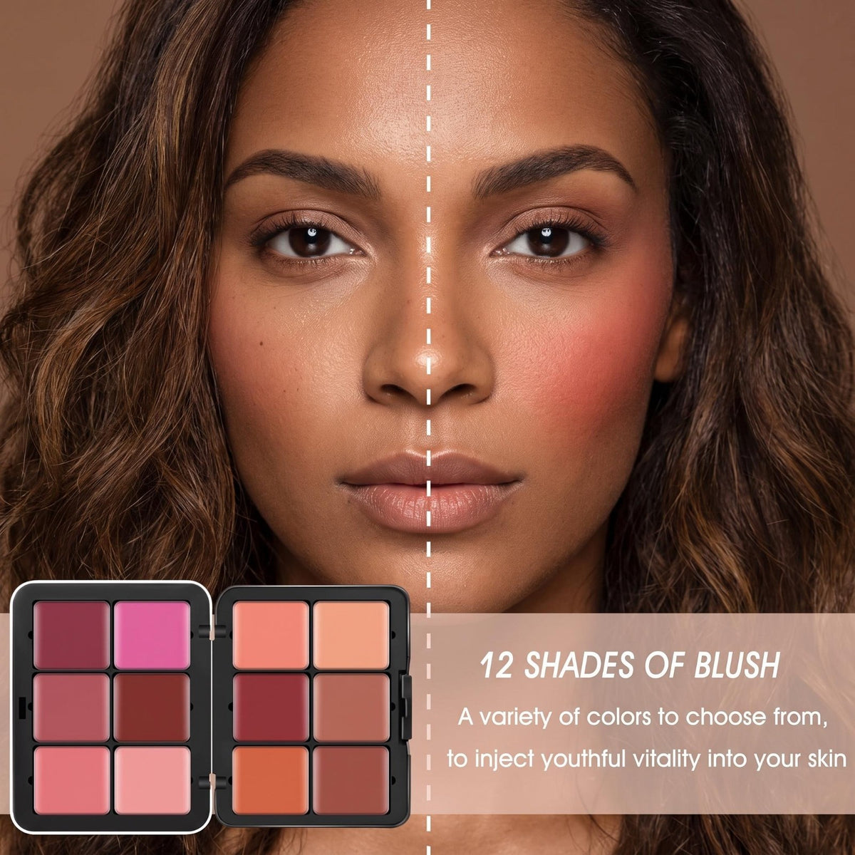 12-Color Cream Blush Palette with Brush - Matte Waterproof Long-Lasting Makeup
