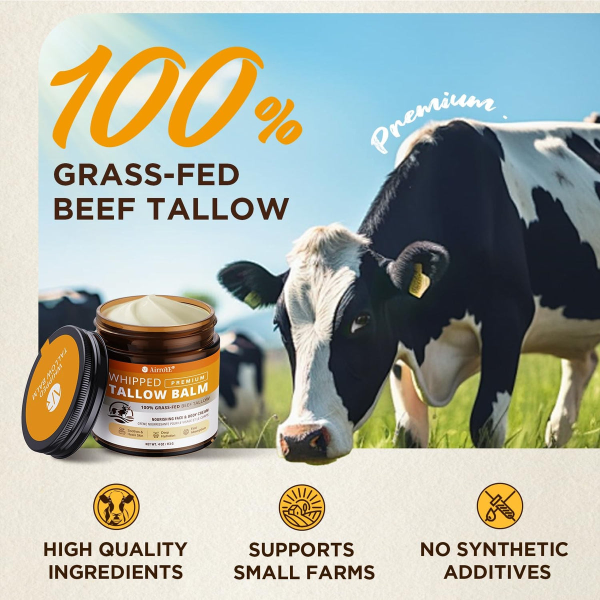 Grass-Fed Beef Tallow Skin Moisturizer - Natural Hydrating Balm 4oz