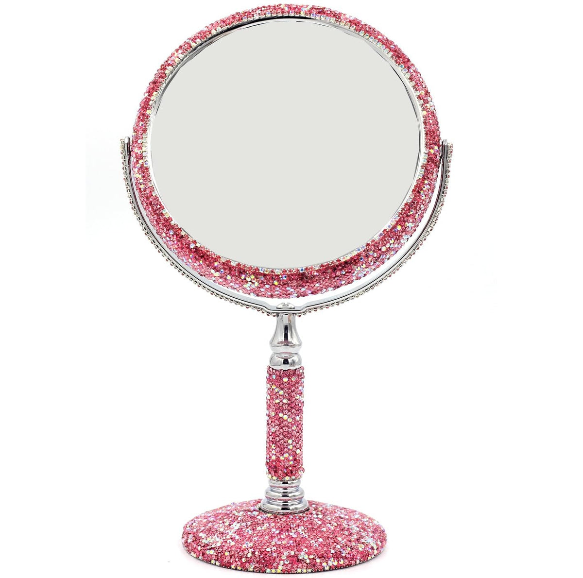 Pink Double-Sided Makeup Mirror with Rhinestones - 2X Magnification & Rotating