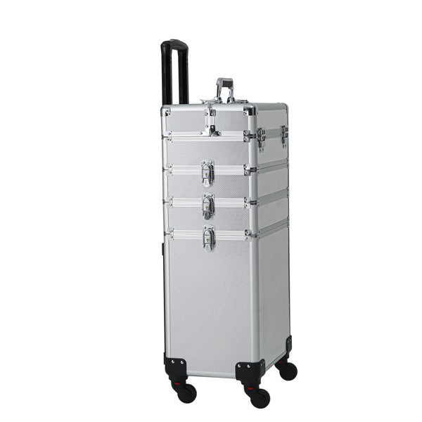 Aluminum Makeup Train Case with Wheels, Portable Cosmetic Organizer