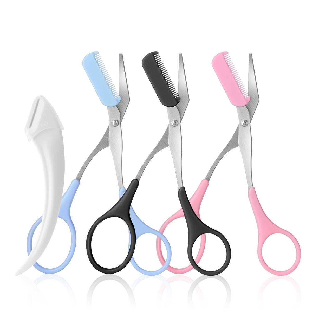 Eyebrow Scissors with Comb and Razor – Professional Stainless Steel 3-Pack (Black, Pink, Blue)