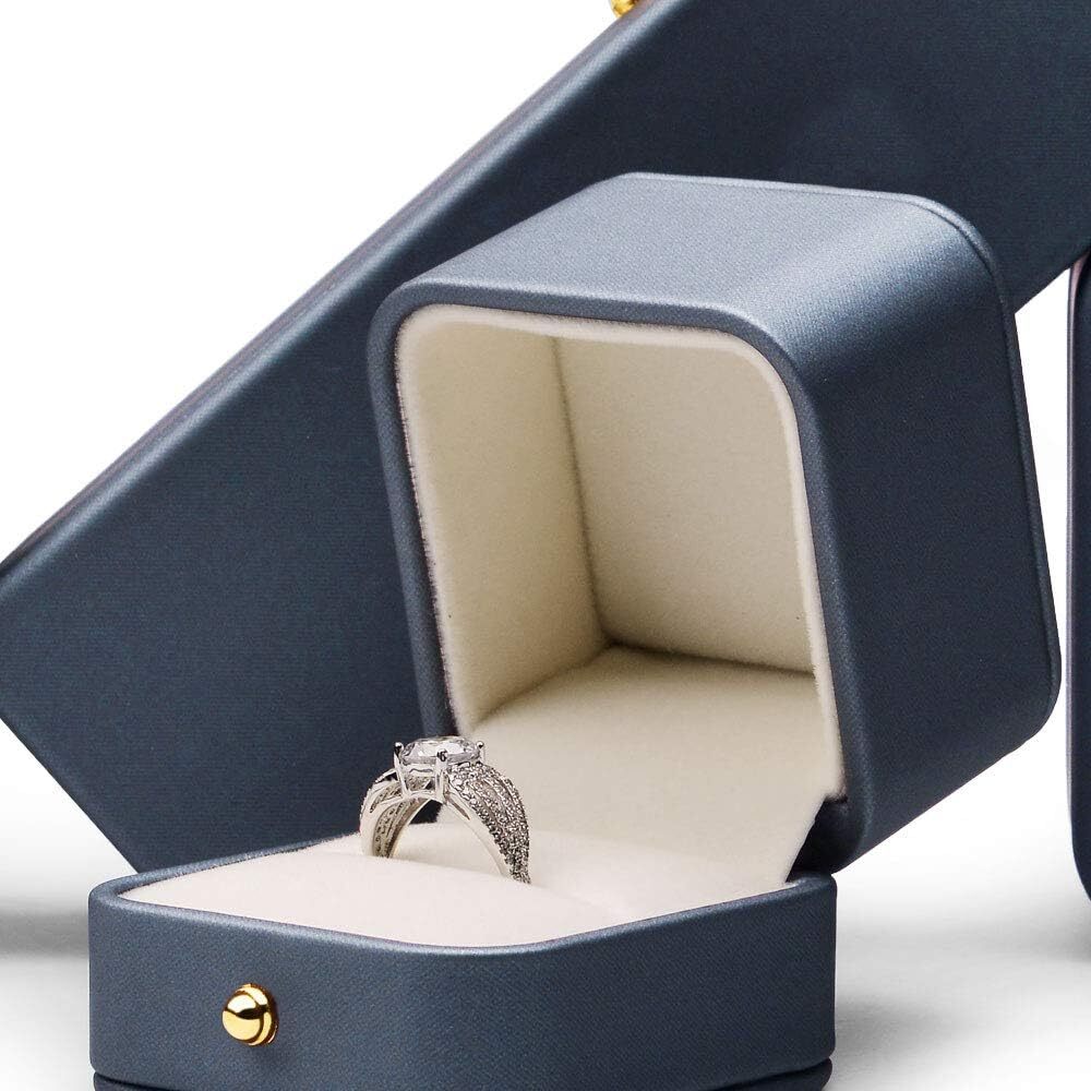 Steel-Blue Leather Ring Box — Elegant Jewelry Storage for Engagement & Gifts