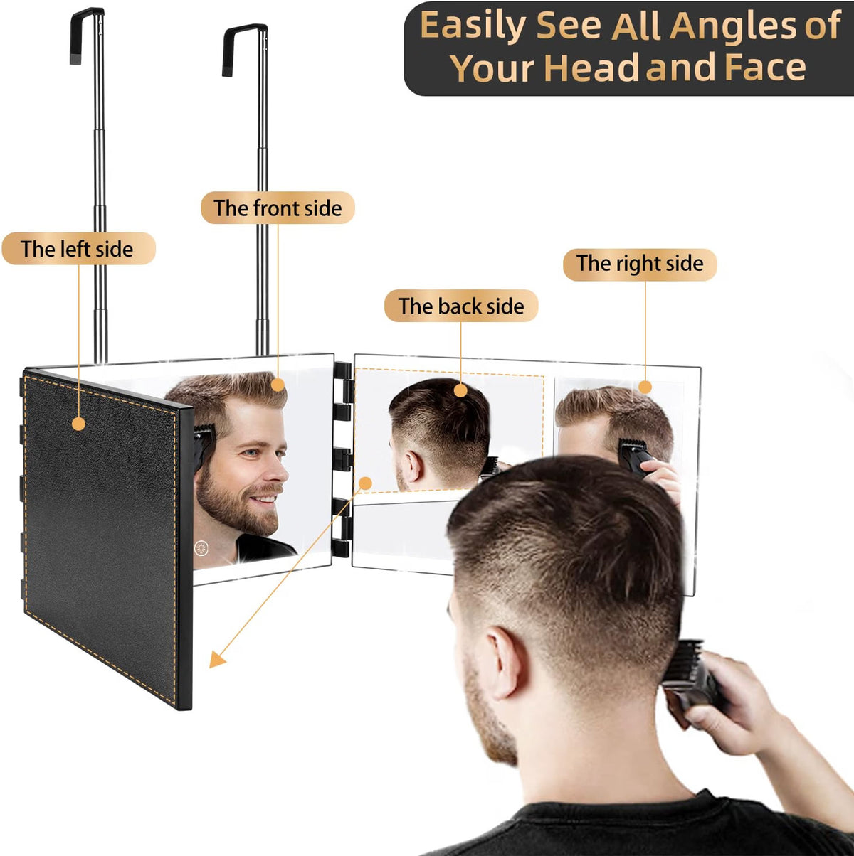 Rechargeable 3-Way Mirror with 8 LED Light Strips for Self Hair Cutting