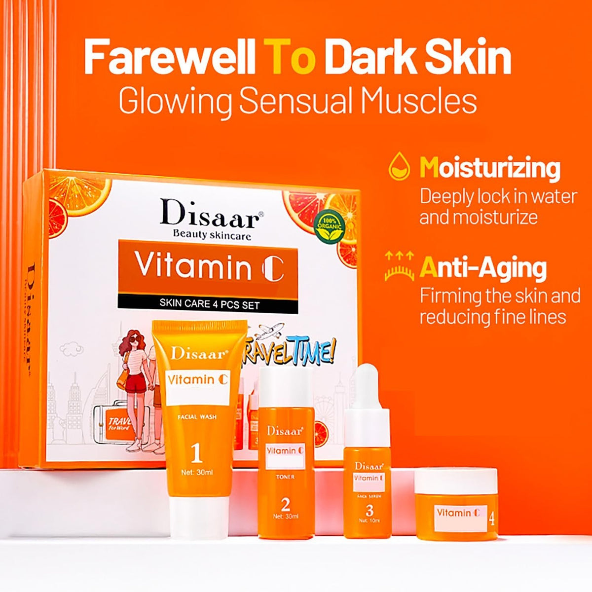 Vitamin C Skin Care Set with Orange Extract - Travel Kit, Brightening & Hydrating - 4 Pieces