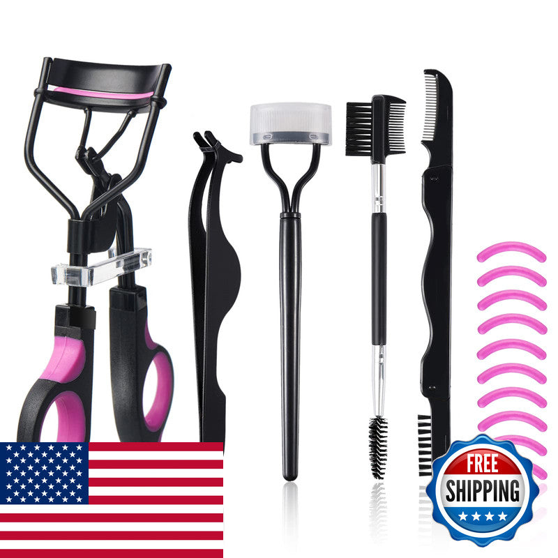 Eyelash Curler Kit 5-in-1 Set for Women with Eyelash Comb, Tweezers & Replacement Pads