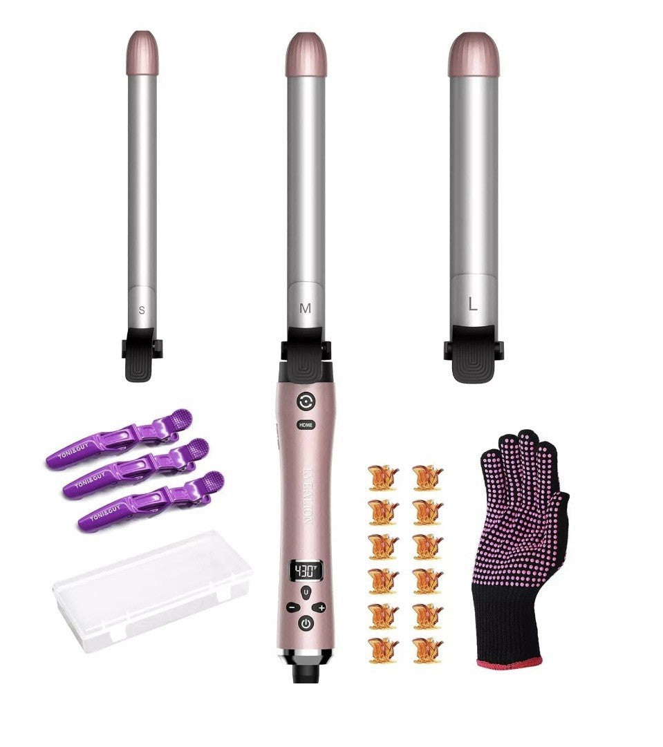 Lyealion 3-in-1 Automatic Hair Curling Iron with Replaceable Barrels - Pink