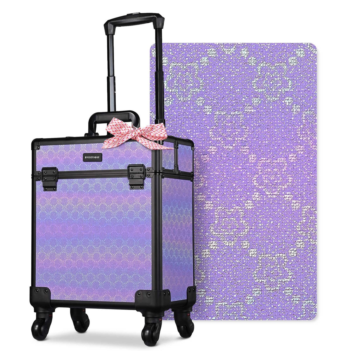 Rolling Makeup Train Case with Extendable Trays - Purple Charm Design