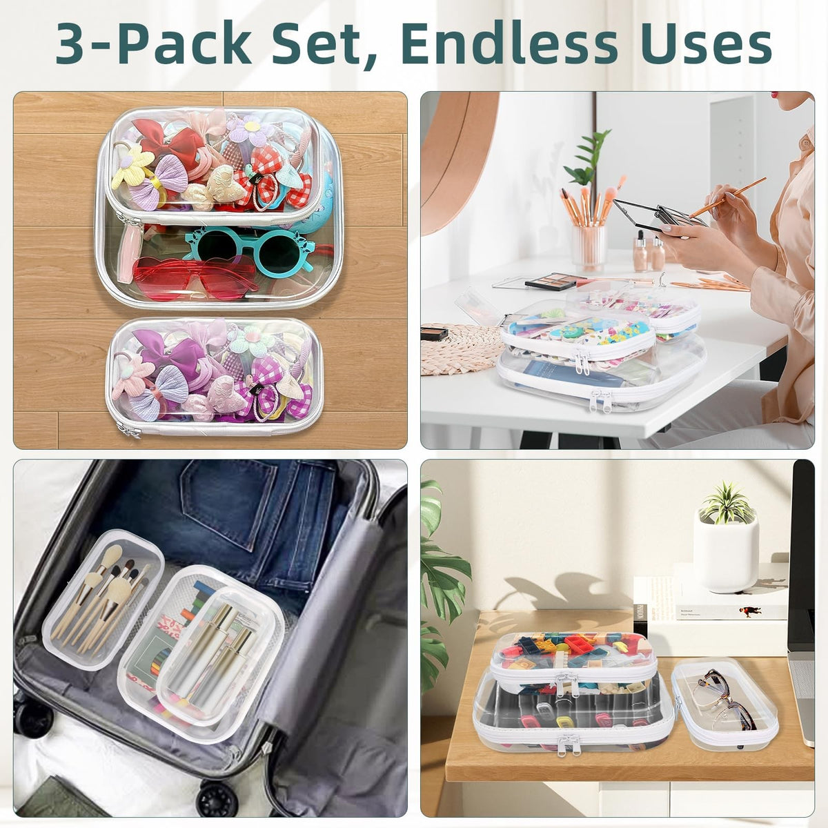 Clear Hard Shell Zipper Cases Set of 3 - Durable Plastic Storage Pouches for Travel & Organization