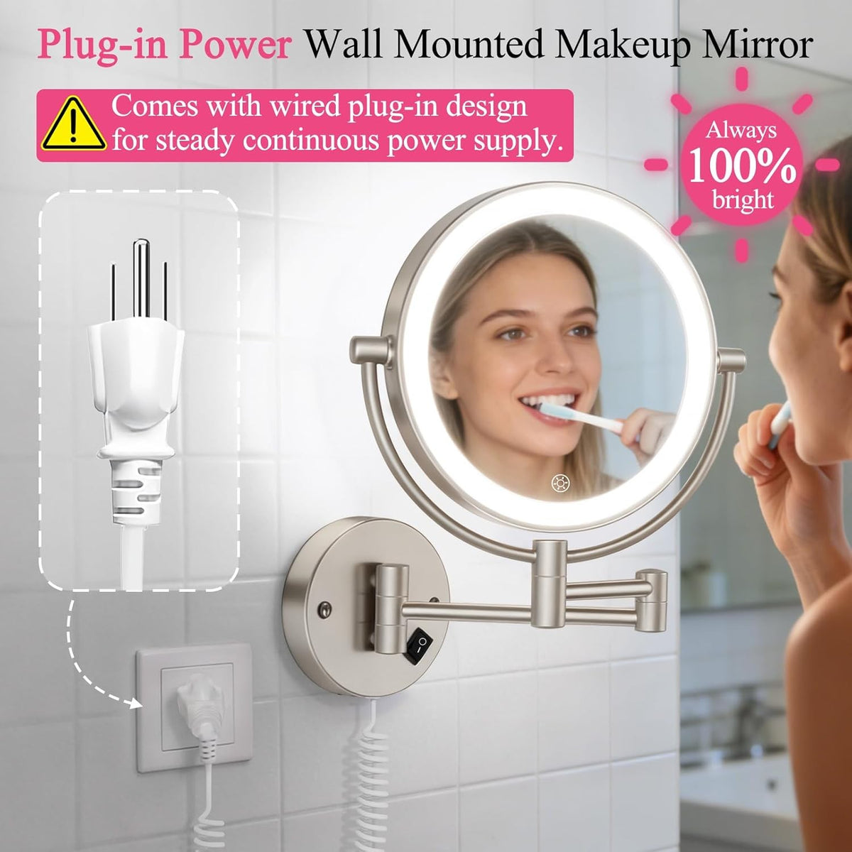 Wall Mounted Lighted Makeup Mirror with 30X Magnification, Adjustable Brightness