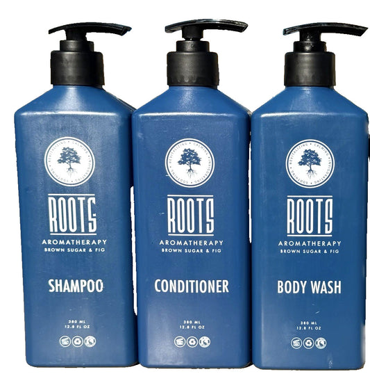 Roots Aromatherapy Brown Sugar & Fig Shampoo Conditioner & Body Wash Set - 3 Bottles