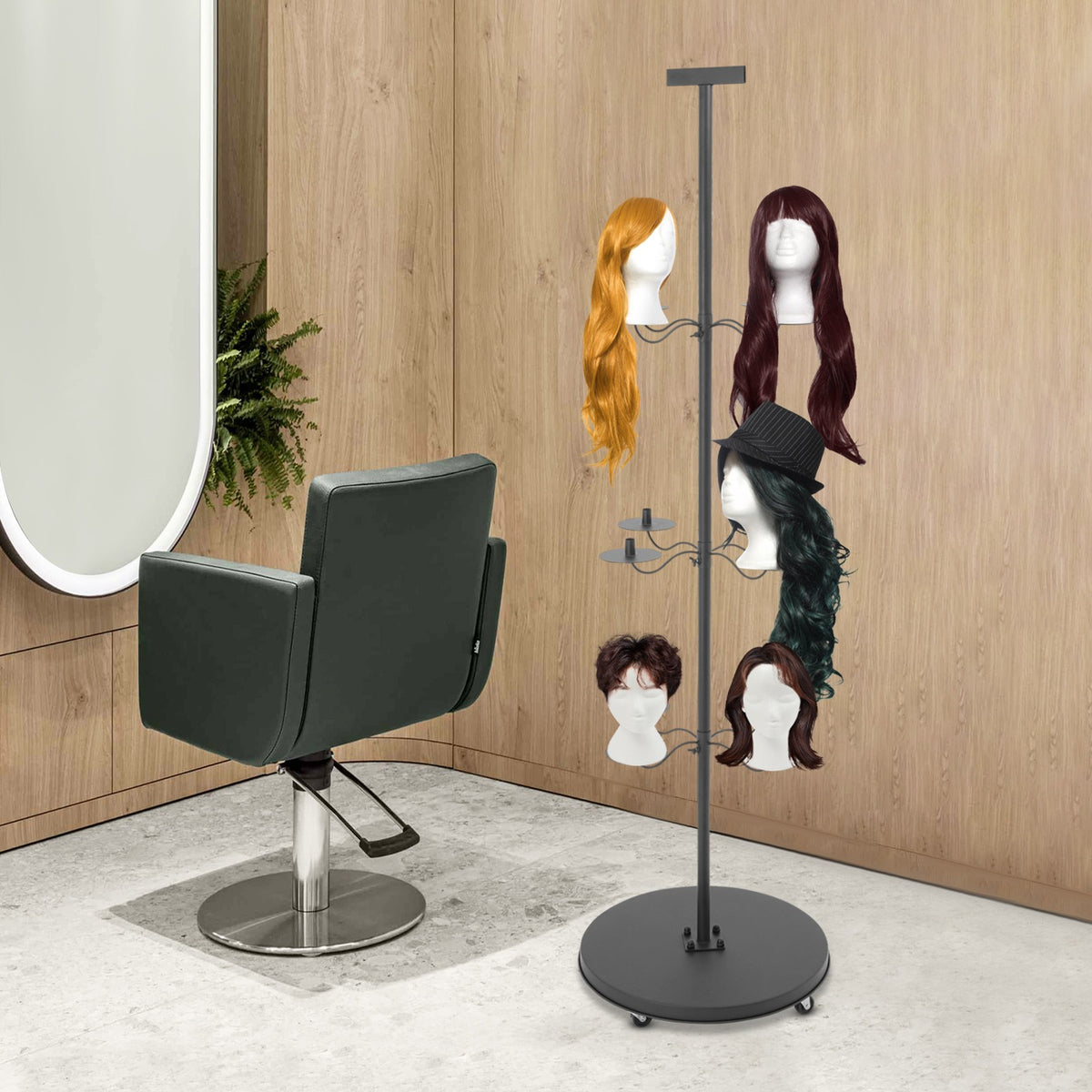 12-Head Wig Display Stand Black Wig Holder & Storage Rack 70x20in