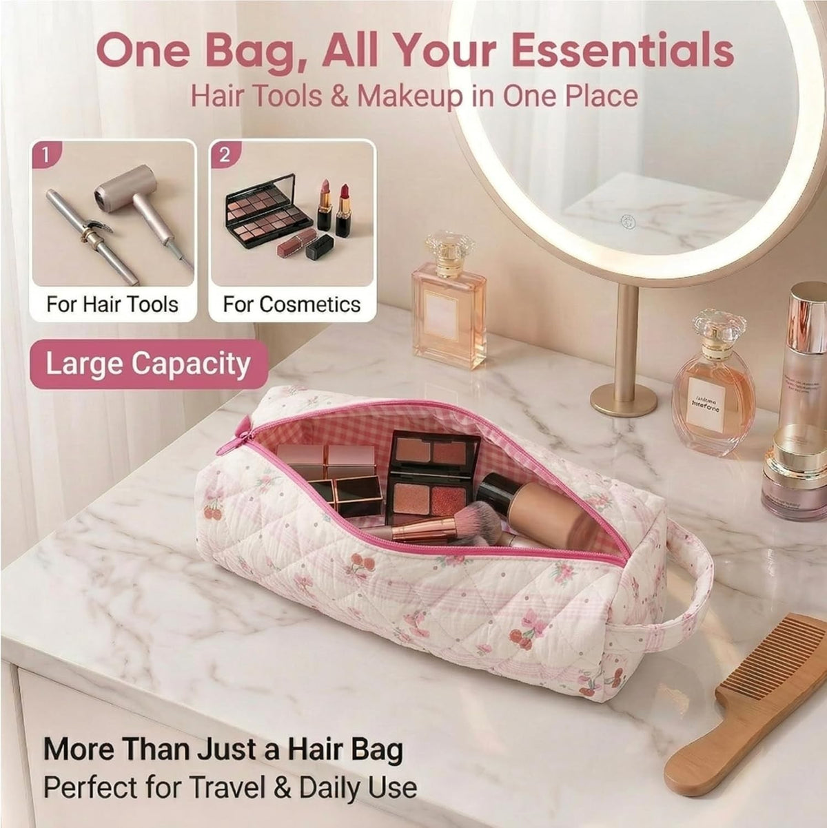 Travel Hair Tool Organizer Bag Pink Portable Dryer & Curling Iron Case