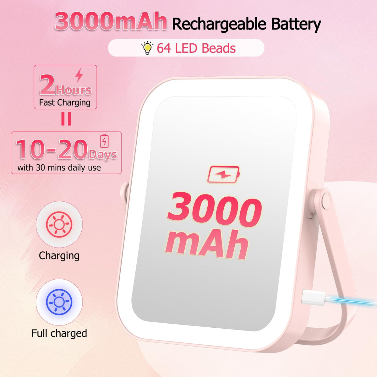 Travel Makeup Mirror with Lights 30X/1X Dimmable Touch Screen Pink Rechargeable Vanity