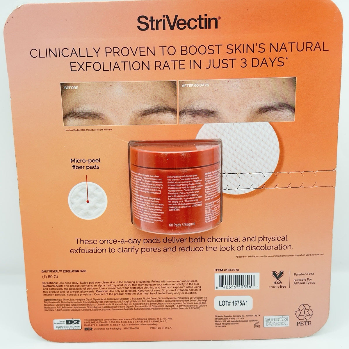 StriVectin Daily Reveal Exfoliating Pads 60 Ct AHAs BHAs PHAs TXA