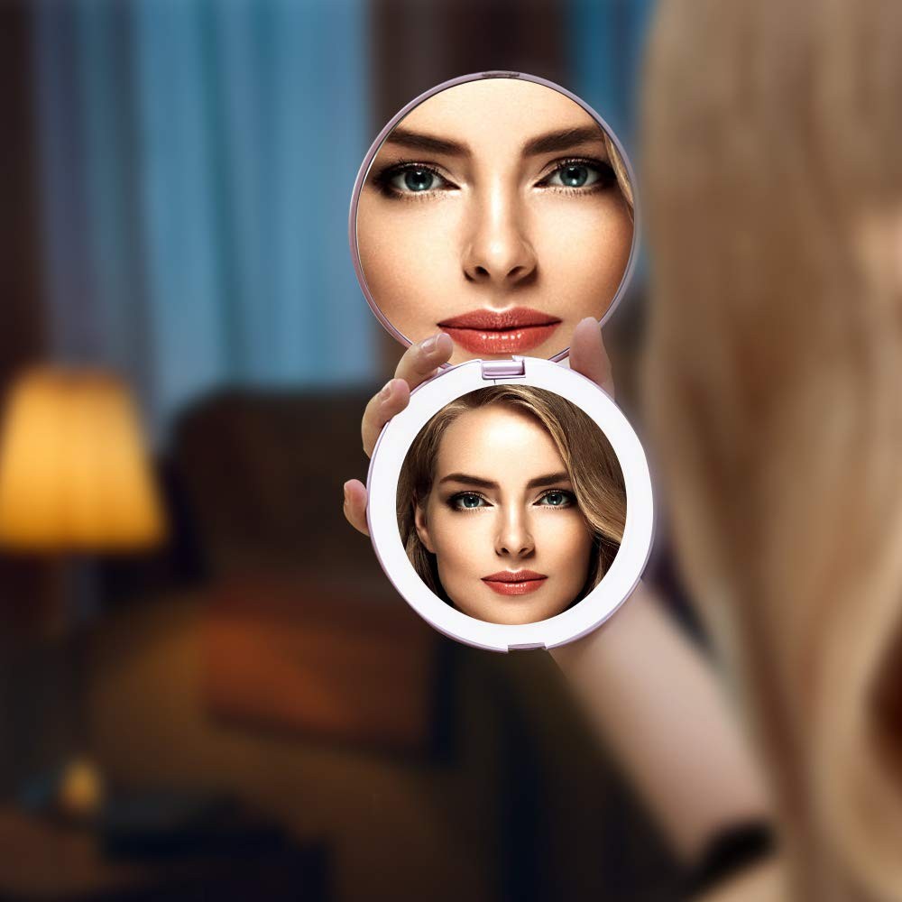 LED Lighted Travel Makeup Mirror with 1x/7x Magnification - Compact & Portable